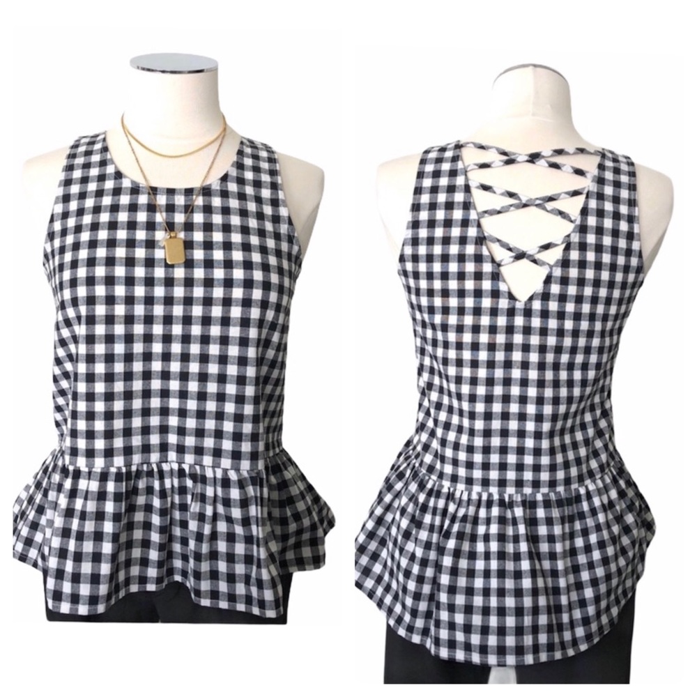 New BB DAKOTA Black & White Gingham Peplum Cotton Top Cross Back Sleeveless Sz X